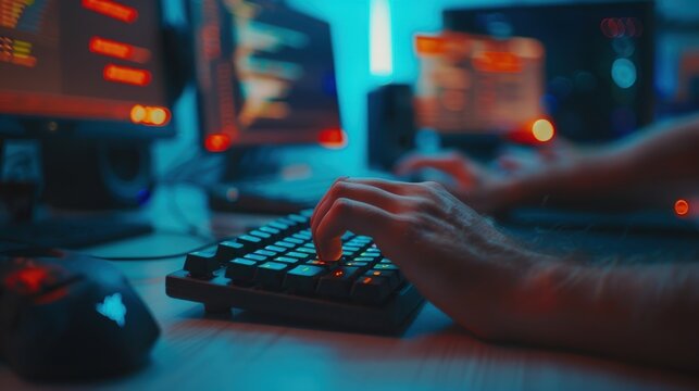 Hands-on keyboard with website coding in progress, focused developer working late, intense coding session