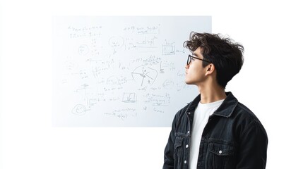 A young individual studies detailed notes and diagrams on a whiteboard in a creative environment, engaged in deep thought