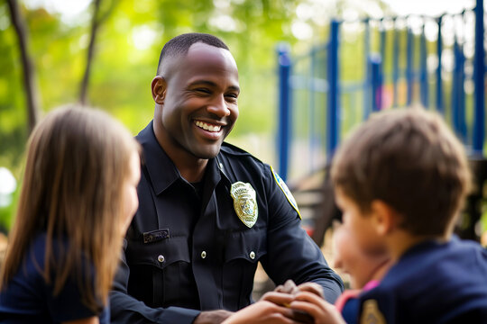 African american male Police officer smiling and interacting with group of children in playground, Community Safety and Interaction
