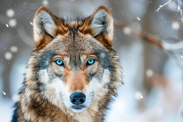 Obraz premium Wolf with blue eyes staring intensely in a snowy environment
