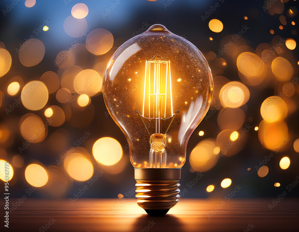 Aufkleber glowing light bulb with bokeh background- a light bulb emits a warm glow, with a soft b_1(188)