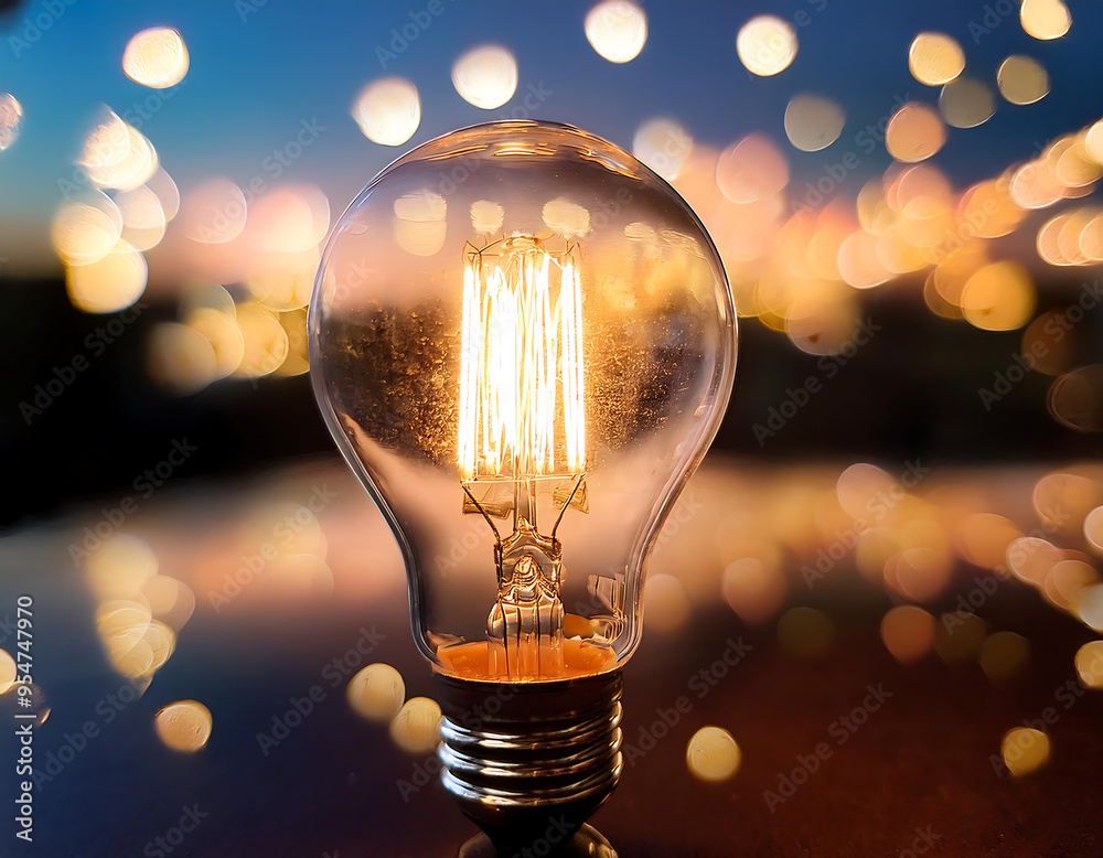 Aufkleber glowing light bulb with bokeh background- a light bulb emits a warm glow, with a soft bokeh_1(186)