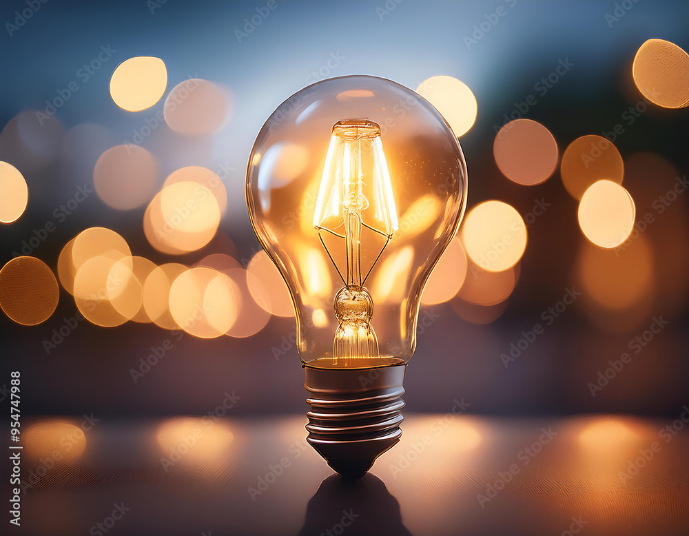 Aufkleber glowing light bulb with bokeh background- a light bulb emits a warm glow, with a soft bokeh_1(187)