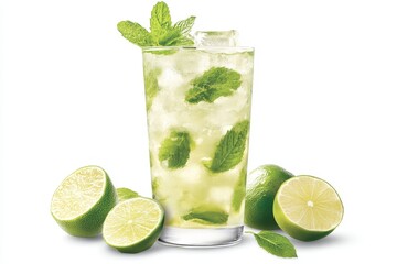 Refreshing Cold Mojito Cocktail in a Tall Glass with Lime, Mint, and Ice on White Background