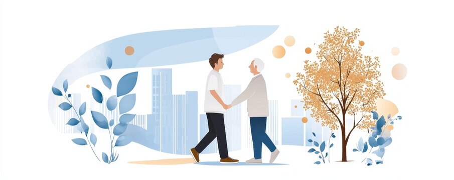 Caregiver helping an elderly man with daily exercises, dynamic watercolor lines, promoting senior well-being