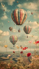 Fototapeta premium Vintage Hot Air Balloons Floating Above Field of Flowers