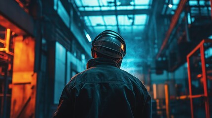 Obraz premium Mysterious Figure in the Dimly Lit Industrial Hallway