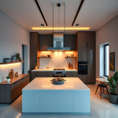 Modern kitchen interior with fireplace, perfect for cozy living