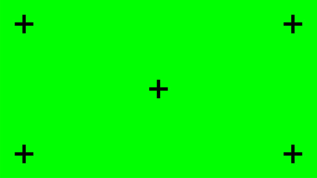 Greenscreen template. Green background with tracking black cross marks. Chromakey video technology to add visual effects or VFX in footage during movie post-production phase. Vector flat illustration.