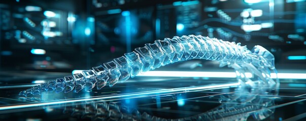 Bionic spine prototype with transparent casing, high-tech lab environment, detailed illustration with neon blue highlights -