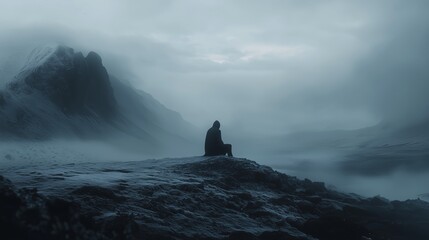 Solitary figure sitting on a rocky ledge overlooking a misty valley at dawn, surrounded by mountains and a foggy atmosphere