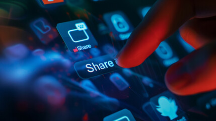 A close-up shot of the "Share" button being tapped on a post, highlighting the process of content sharing.