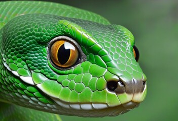 Fototapeta premium Close up portrait of green snake, illustration