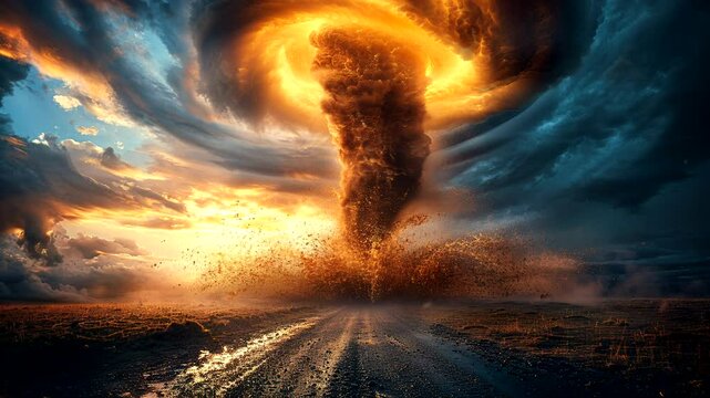 Powerful destructive tornado. Loop video.