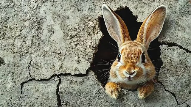 Cute rabbit. Easter bunny poster peeking out of a hole in the wall, rabbit jumps out of a torn hole