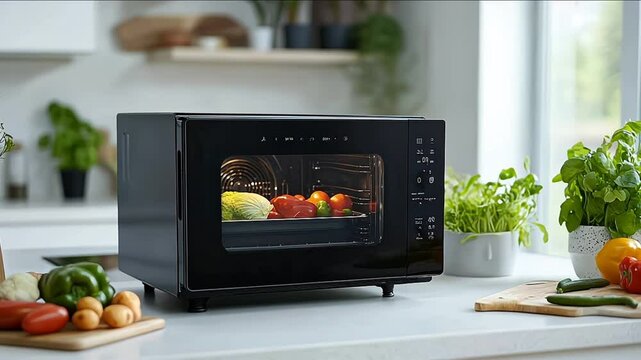 Modern kitchen with a microwave on a white marble countertop. White kitchen