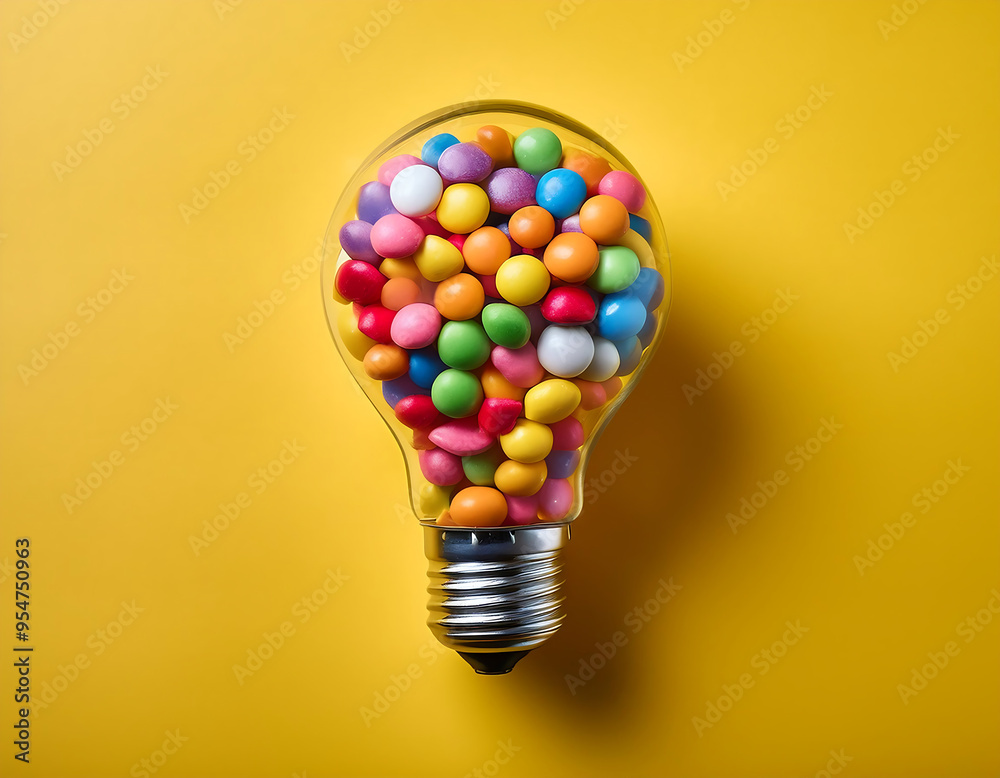 Poster light bulb filled with colorful candies on yellow background- a light bulb is filled with a_1(216)