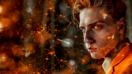 A striking portrait of a young man with a captivating gaze. The vibrant orange background enhances the emotional intensity. Ideal for art, fashion, and digital projects. AI