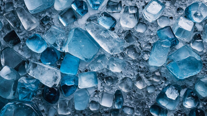 Fototapeta premium A scattered array of blue and clear ice cubes combined, evoking feelings of freshness and coolness in an abstract view.