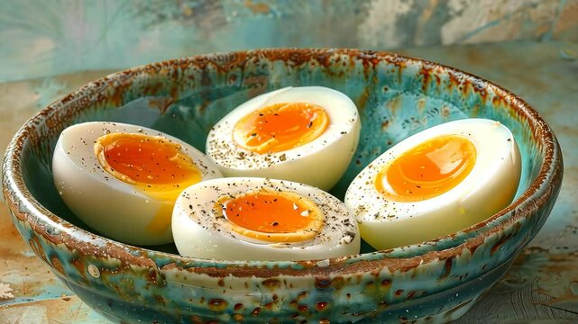 Ceramic bowl with soft-boiled eggs on rustic table, breakfast detail. Culinary and food styling concept