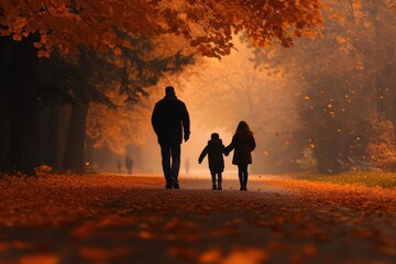 Fototapeta premium Thanksgiving Day Walk: A family or couple taking a leisurely walk through a park with vibrant autumn colors. They are dressed warmly, and the leaves are falling gently around them, symbolizing the pea