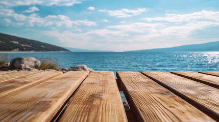Fototapeta premium Closeup shot of a wooden table with sea in the background.