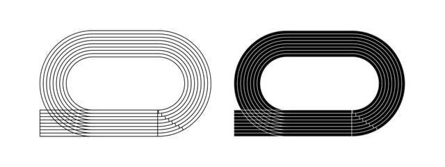 Set of running track icons. Stadium templates top view. Racetracks for sprint, marathon or other athletic sports competitions isolated on white background. Vector graphic illustration.