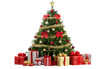 A decorated Christmas tree with ornaments, twinkling lights, isolated on white background