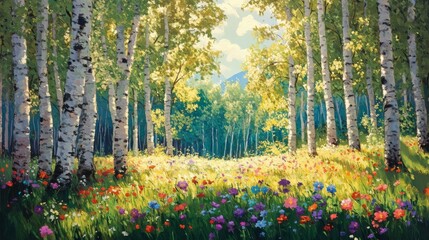Sunlit Birch Forest with Wildflowers