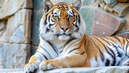Fototapeta premium Regal Amur tiger on the background of nature.Banner on the theme of protection and conservation of rare animals.Wild beautiful animal and free space