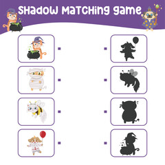 Matching shadow game for children. Find the correct shadow. Worksheet for kid. Printable activity page for kids. Learning Game. 