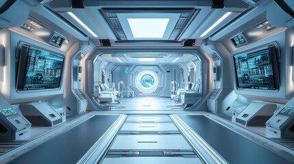 Obraz premium Futuristic Sci-Fi Spaceship Corridor with Glowing Lights