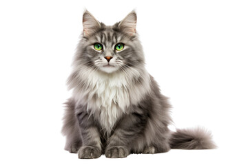 A fluffy gray cat with striking green eyes sitting gracefully on a white background