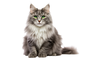 A fluffy gray cat with striking green eyes sitting gracefully on a white background