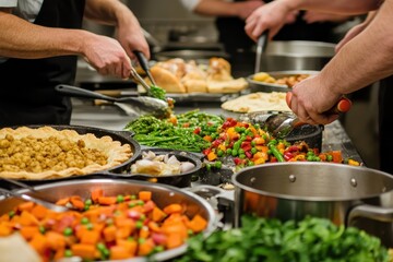 Thanksgiving Food Preparation: A busy kitchen scene where multiple hands are preparing Thanksgiving dishes. The focus is on the action--chopping vegetables, stirring pots, and assembling pies--capturi