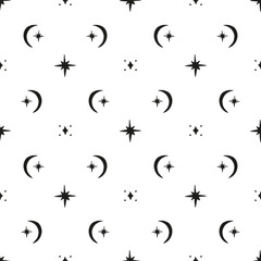 Black and white seamless pattern with celestial motifs. Stars and moons background. Monochrome boho wallpaper.