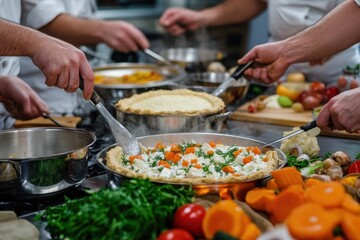 Thanksgiving Food Preparation: A busy kitchen scene where multiple hands are preparing Thanksgiving dishes. The focus is on the action--chopping vegetables, stirring pots, and assembling pies--capturi