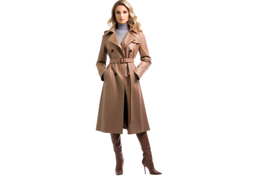 A glamorous woman in a fashionable trench coat , isolated on white background