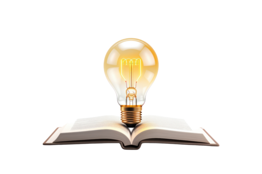 A glowing light bulb floating above an open book isolated on white background