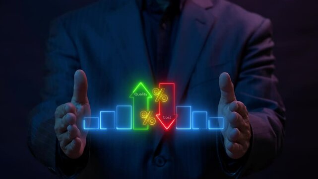 Quality control and company cost reduction. Cost and quality control concept. Successful organization strategy and management. Percentage icon of quality with up arrow and cost with down arrow.