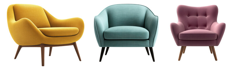 Fototapeta premium Three elegant and colorful armchairs inviting you to relax, adding a pop of joy and sophistication to any interior space. 