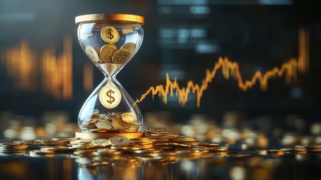 Hourglass with falling coins and a descending interest rate line, time and money metaphor