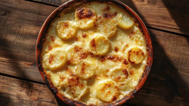 Delicious Golden Potato Gratin on Rustic Wooden Table
