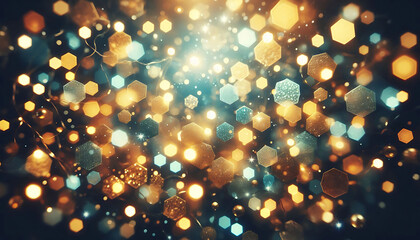 A blurred background featuring a mix of golden and soft blue bokeh lights creating a dreamy festive atmosphere. The lights vary in size and shape with some appearing hexagonal and others circular