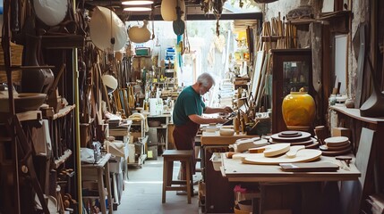 An older man works on a craft project in his cluttered workshop.