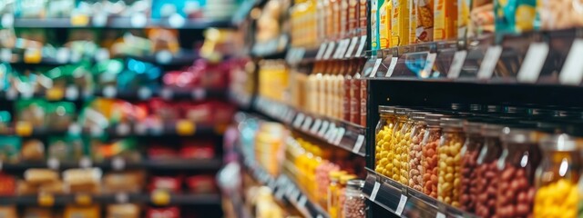 Fototapeta premium Grocery store aisle with shelves of assorted products