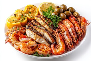 Grilled Fish and Shrimp with Lemon and Olives