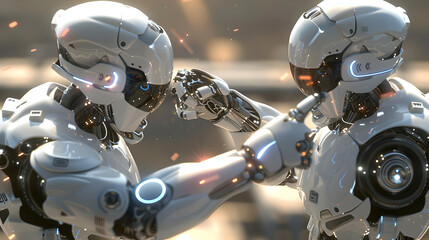 Fototapeta premium A humanoid robot with a touchscreen interface interacts with a human with light in background