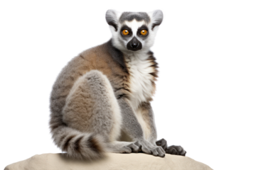 A lemur cat perched on a smooth rock, its tail curled around its body and its eyes alert isolated on white background