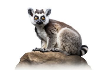 A lemur cat perched on a smooth rock, its tail curled around its body and its eyes alert isolated on white background
